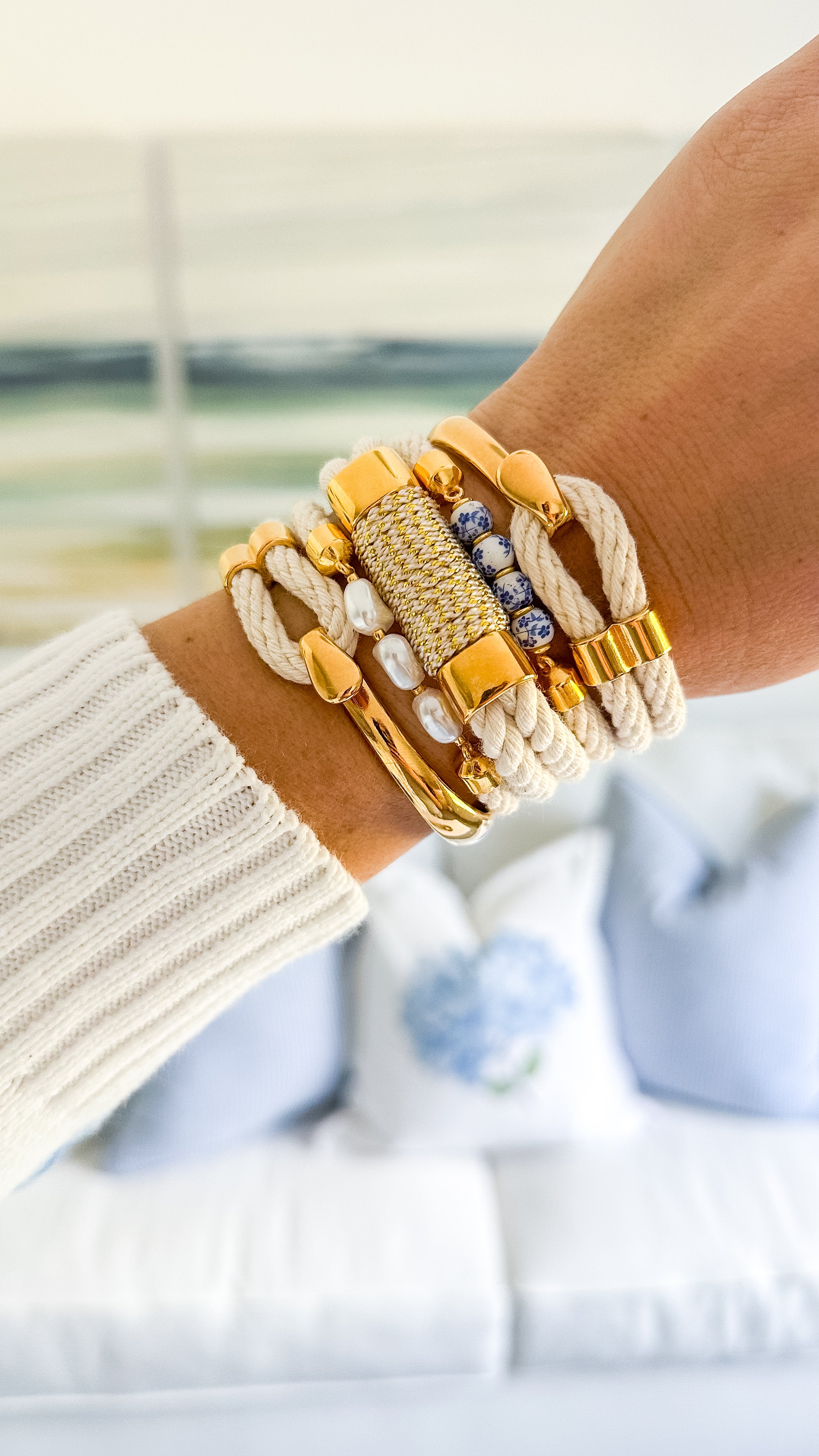 Nautical Ivory Rope & Metallic Gold Bracelet - Allison Cole Jewelry