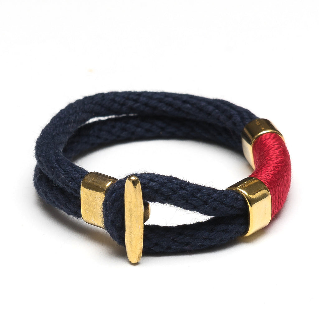 Nautical Navy Blue Red Rope Gold T Bar Cleat Clasp Bracelet