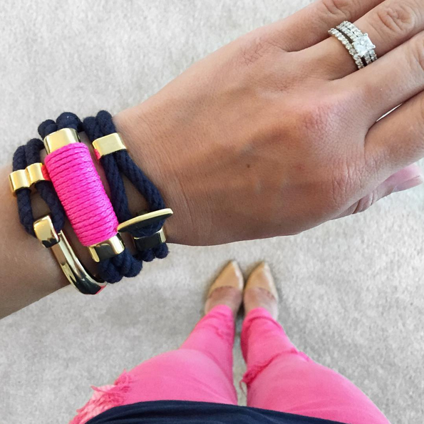 Nautical Navy Blue Neon Pink Rope Gold Clasp Bracelet